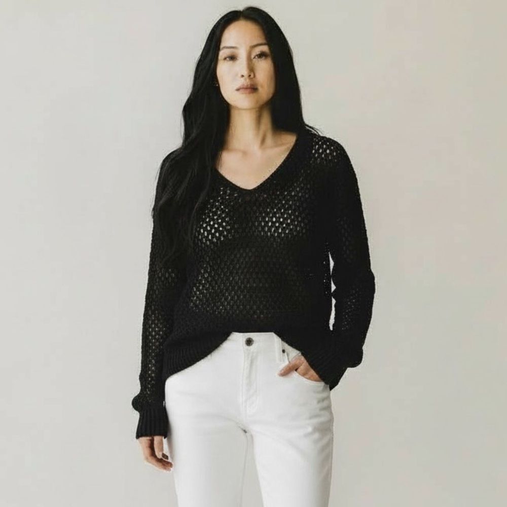 Bar III Black V Neck Knit Sweater Sheer Back Overlay Long Sleeve Goth Womens L